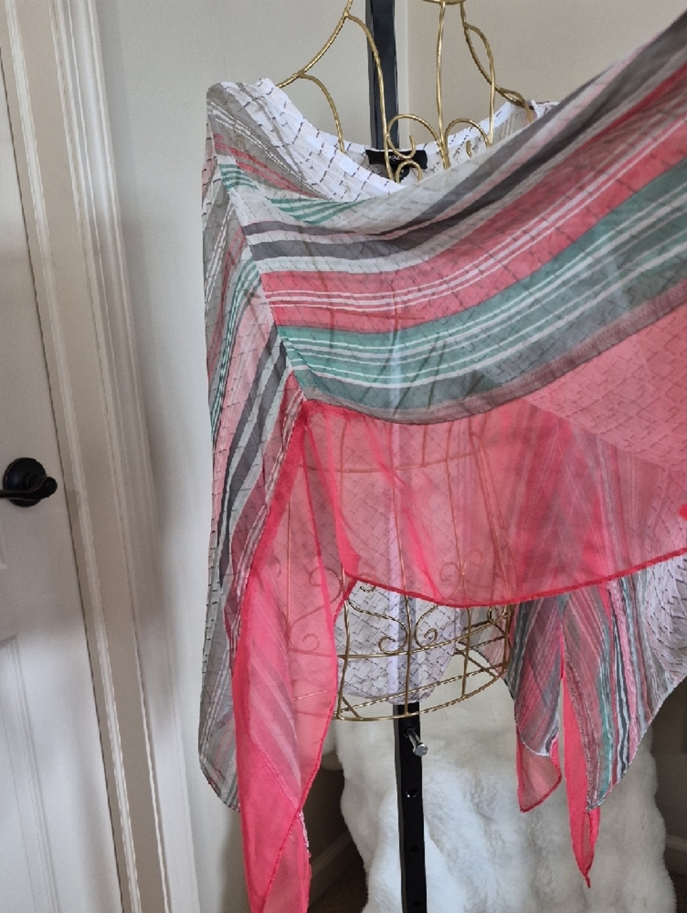Women's Sheer Striped Draped Blouse in Cream and Coral Scarf Style M - Picture 8 of 10